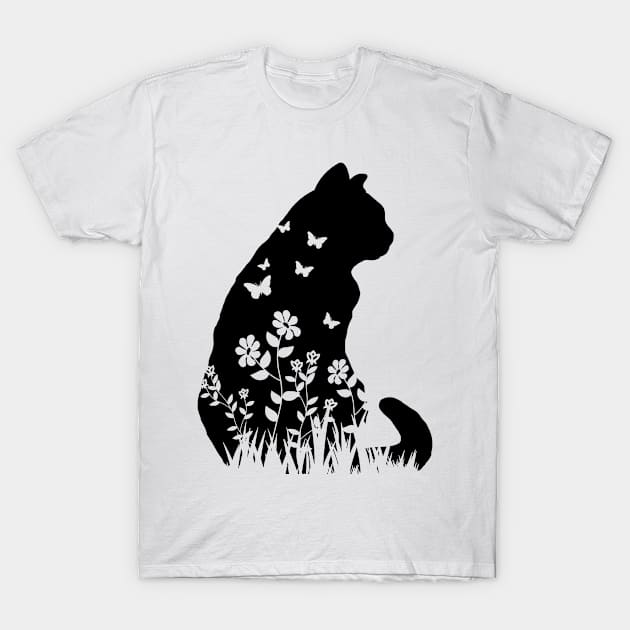 Cute Silhouette Cat With Flowers & Butterflies Pattern Graphic - Cat Lover Gift For Men, Women & Kids T-Shirt by Art Like Wow Designs